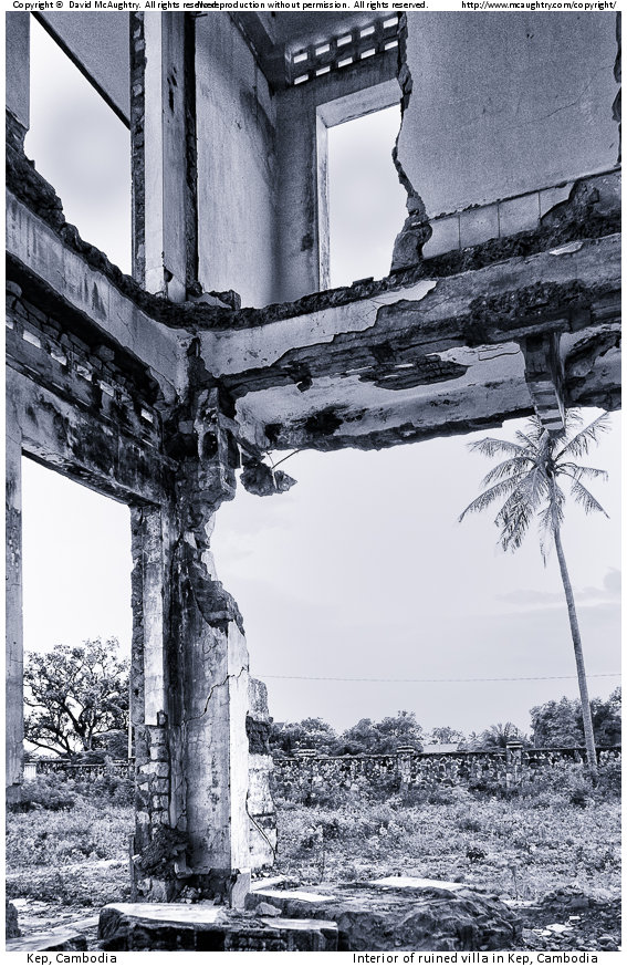 Interior of ruined villa in Kep, Cambodia